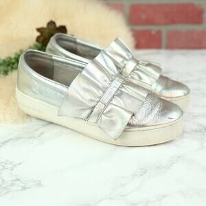 Michael Michael Kors Metallic Silver Bella Ruffle Leather Slip on Sneakers 9.5